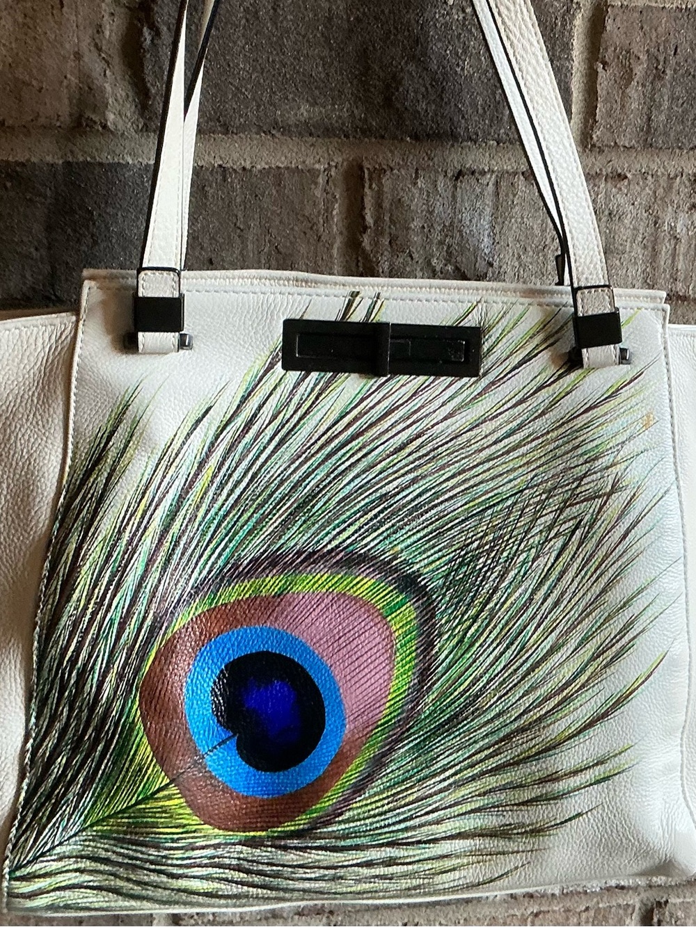 Elliott Lucca White Tote with Peacock Feather Artwork